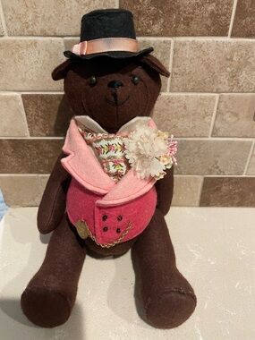 Collectible Judy Lewis Wool Brown Bear in Pink Vest and Top Hat, 12 in